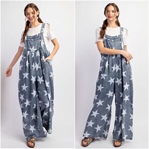 08 Mineral Wash Tencel Star Print Wide Leg Overalls